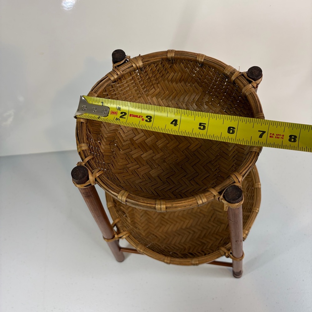 Vintage Rattan 2 Tier Trinket Stand Woven Wicker Tiered Pedestal Basket Decor - Picture 6 of 8